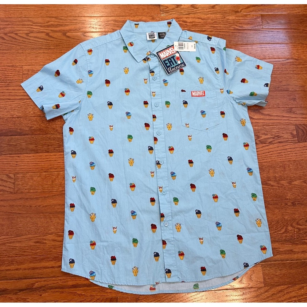 New Marvel Eat the Universe Button Down Shirt Mens Large Ice Cream Super Hero